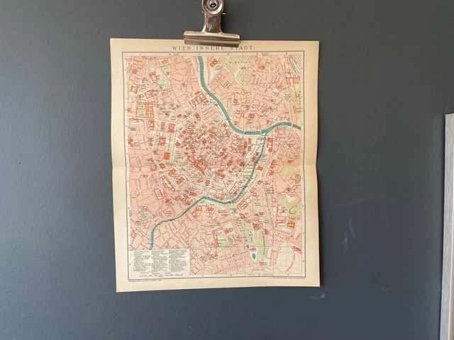 Vienna Austria Rara stampa antica della mappa Brockhaus del 1900 SPEDIZIONE...