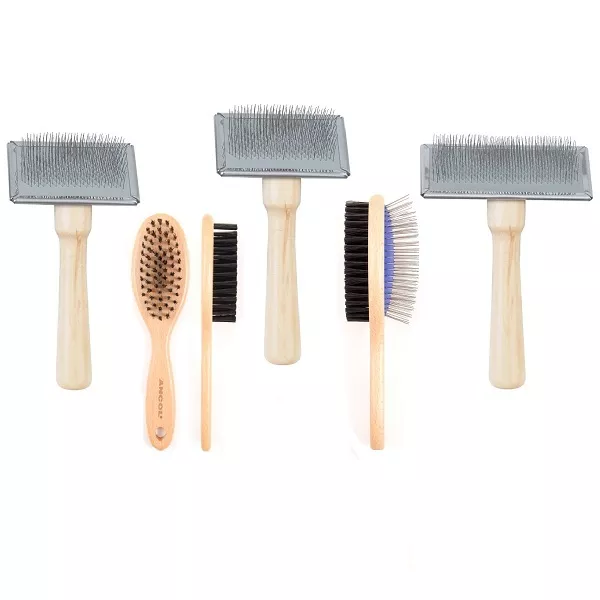 Ancol Dog Grooming - Ergo Wooden Bristle Brush Double Sided Wood Handle Slicker