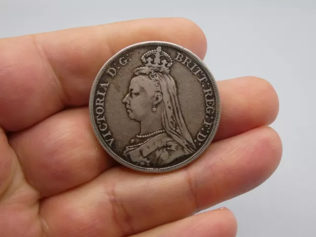 Antique 1889 Queen Victoria Sterling Silver Full Crown Coin - Nice Detail #9