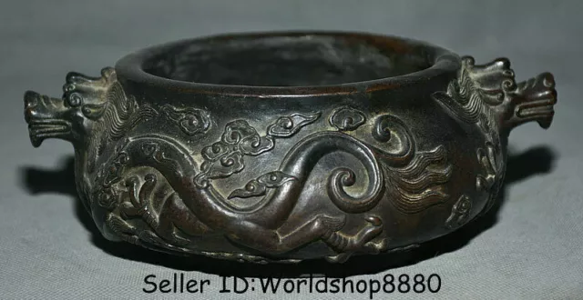 7.6" Marked Antique Old China Bronze Dynasty Dragon Beast Incense Burner Censer