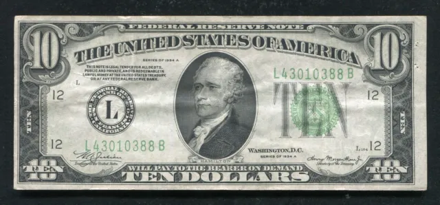 1934-A $10 Ten Dollars Frn Federal Reserve Note San Francisco, Ca Vf/Xf