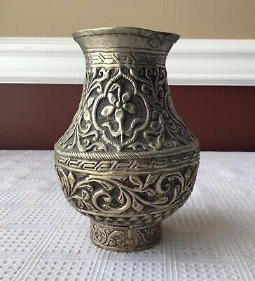 Antique South American hand hammered metal vase, 5 5/8”