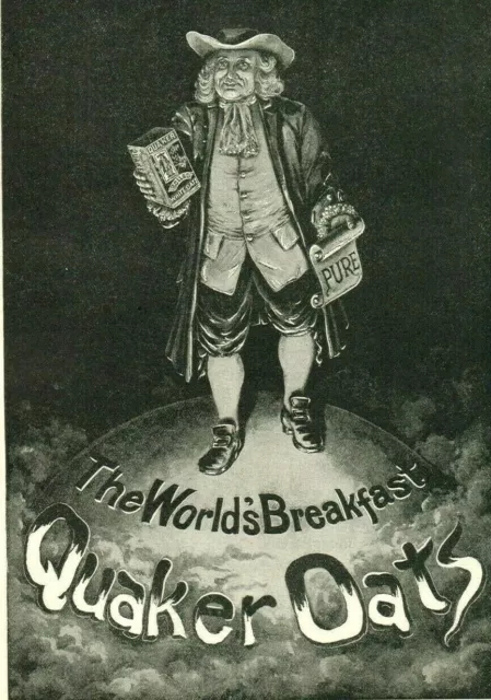1895 QUAKER OATS Breakfast Cereal Puritan Man Tin Can Scroll World PAPER AD 3963
