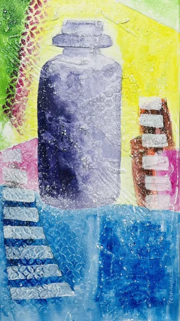 Acrylic Painting On Textured Canvas Whimsical Jar #2 10” X 20” Best Offer