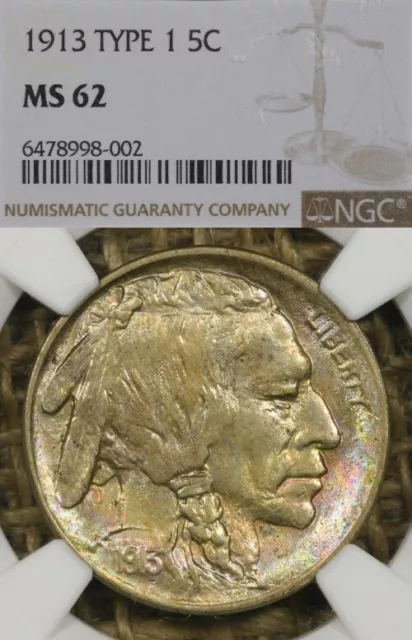 1913 5C NGC MS62 Type 1 Buffalo Nickel Rainbow Toned