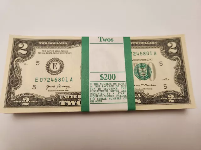 NEW   Uncirculated!!, Crisp, Two Dollar $2 Bill Pack of 100 notes Series 2017-A 