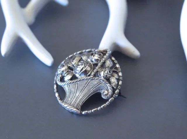 Ein Korb voll Rosen - Feine Jugendstil Brosche Antike Silberbrosche 800 Silber 3