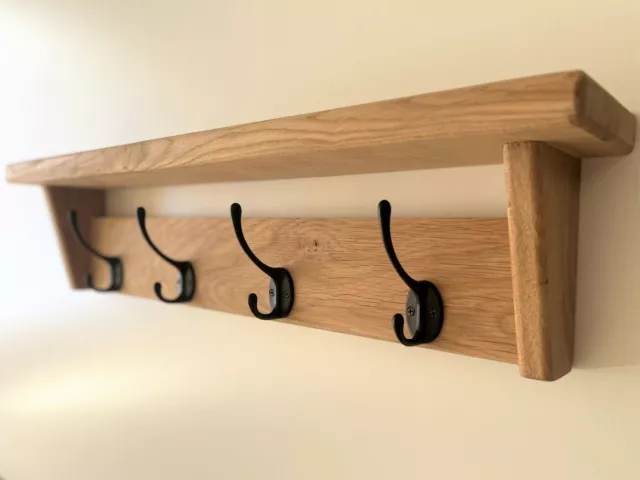 Handmade Oak Coat Rack Shelf Natural Solid Wooden Entryway with Cast Iron Hooks