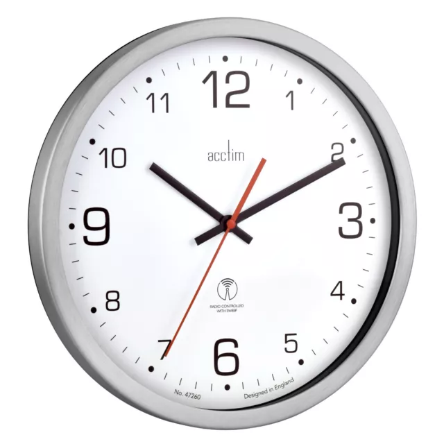 Acctim Atomik Wall Clock Non-Tick Sweep Radio Controlled Brushed Metal Case 30cm 2