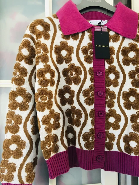 Nuovo con etichette! Cardigan floreale testurizzato a maglia taglia M 12 14 marrone crema bordeaux