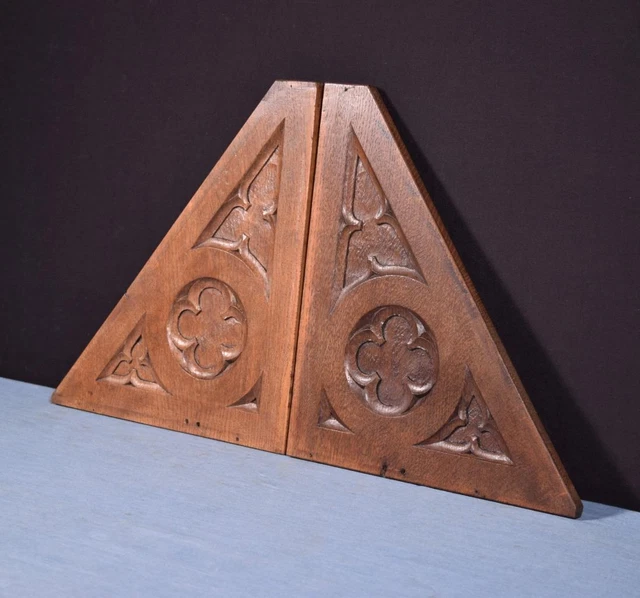 Pair of Gothic Carved Architectural Panels/Trim in Solid Oak Wood Salvage 2