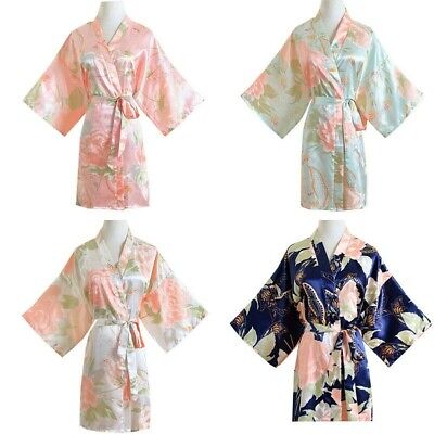 Lady Satin Bathrobe Faux Silk Floral Japanese Kimono Pajamas Sleepwear Robe Cosy