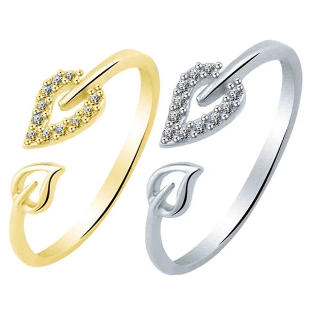 Unique Adjustable Hollow Heart Leaf Rhinestone Opening Finger Ring Women Jewelry
