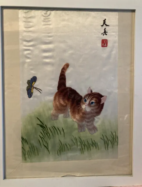 Vintage Large Chinese Suzhou Silk Embroidery Framed Cat Art