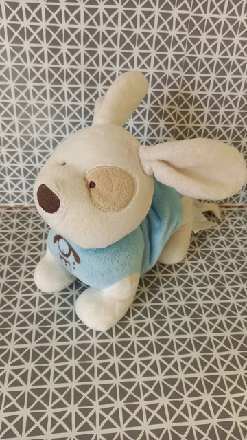 Doudou peluche chien blanc et bleu vibrant Obaibi 20 cm