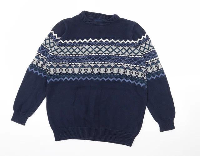 Cotton Traders Mens Blue Crew Neck Fair Isle Cotton Pullover Jumper Size M
