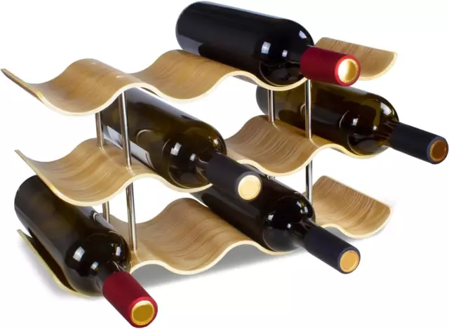 12 Bottles Wave Wine Rack Countertop, 3-Tier Wooden Wine Bottle Holder Stand, Fr