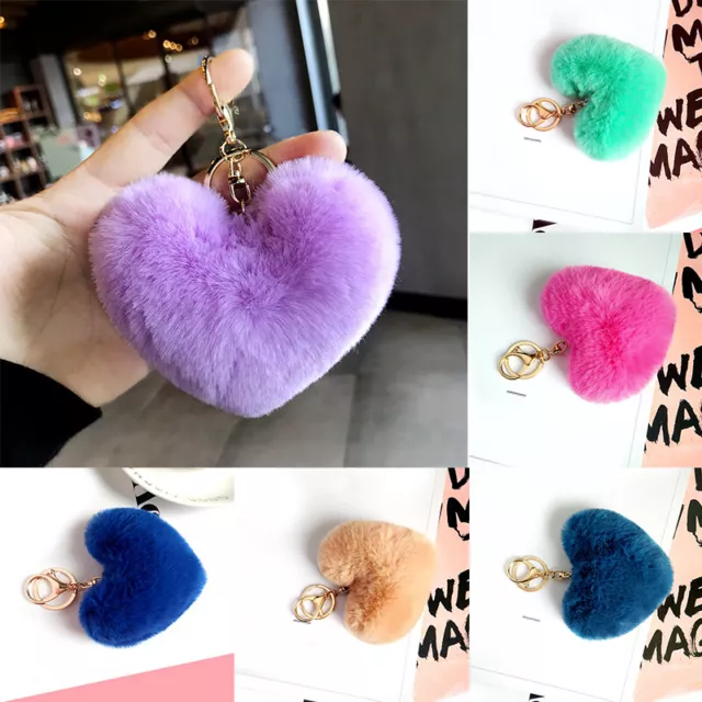 Soft Faux Fluffy Fur Heart Keyring Pompom Charm Handbag Pendant Women Key Chains