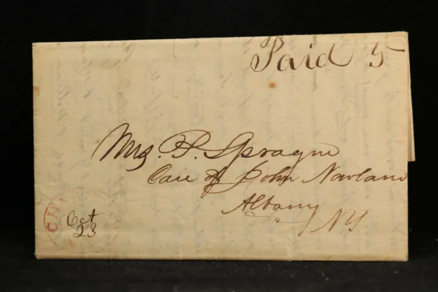 New York: Charlton 1848 Stampless Cover, Light Red CDS & Large Ms Paid 5
