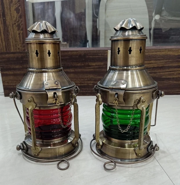 Red & Green Oil Lantern Hanging Ship Oil Lamp Set of 2 Nautical Antique Finish