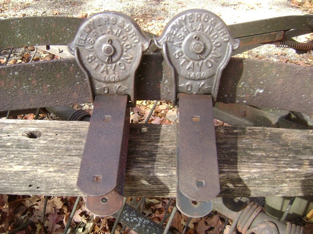 Pair Antique Vintage Old Myers STAY ON Cast Iron Sliding Barn Door Roller Hanger