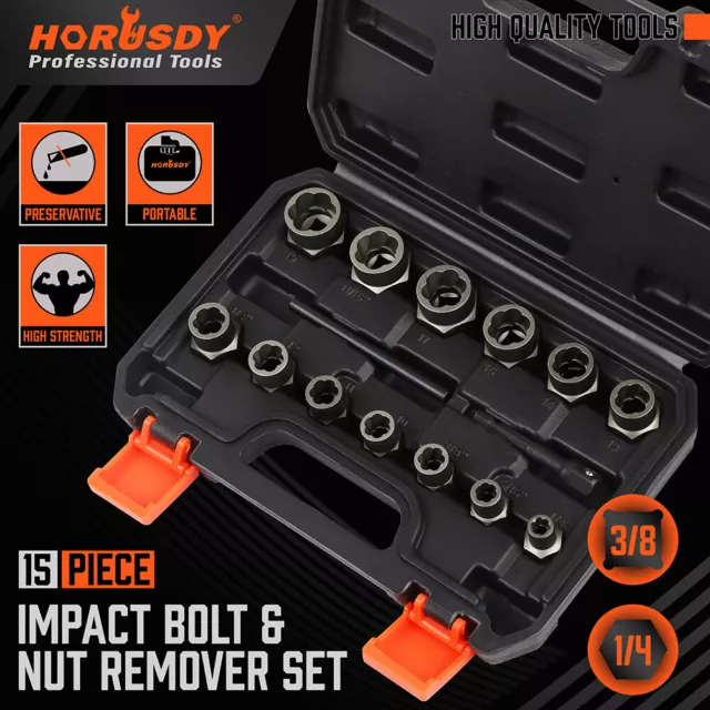 15PC Impact Bolt & Nut Remover Set Extractor Damaged Rusted Adapter Storage Case