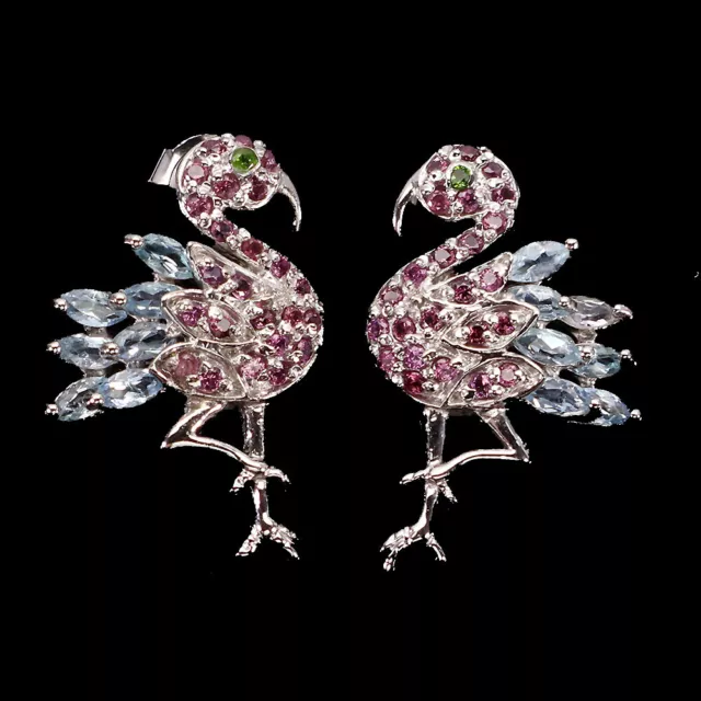 Unheated Marquise Aquamarine Rhodolite Gems 925 Sterling Silver Bird Earrings