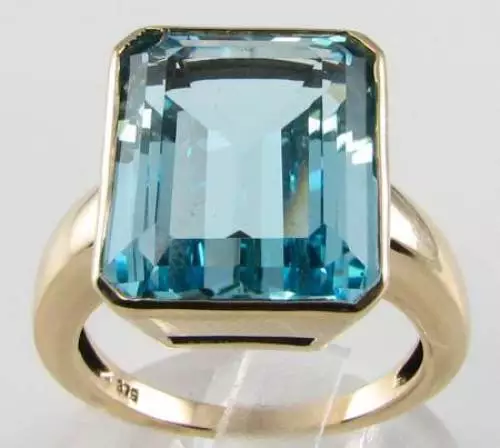 BIG 9CT 9K GOLD  15mm x 12mm SOLITAIRE BLUE TOPAZ ART DECO INS RING FREE RESIZE