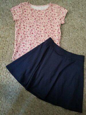 THE CHILDREN’S PLACE Floral Short Sleeved Top Navy Blue Skirt Girls Size 10-12