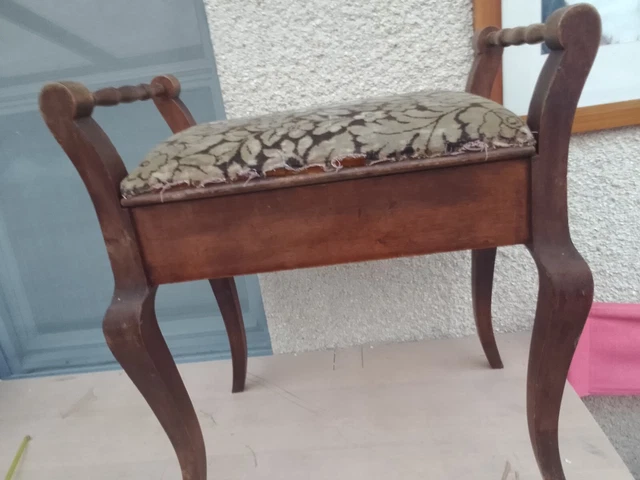 Mahogany Antique Piano Stool With Floral Patterned Top and Storage