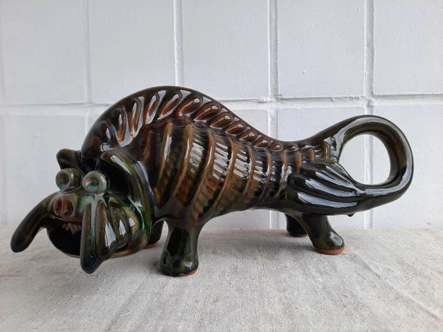 Vintage Ukrainian Ceramic Glaze Figurine Lion 60s Folk Pottery fantastic animal