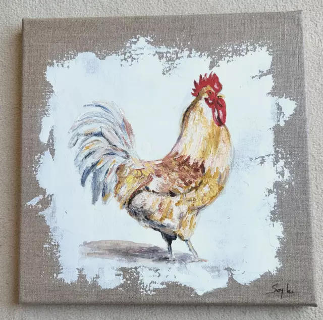 Tableau Peinture Huile sur toile de Lin COQ  Cadre Déco Cuisine rooster