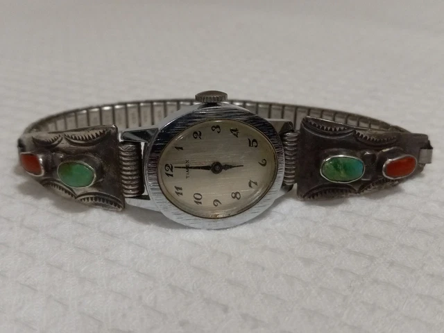 Vintage Timex Watch W/ Navajo Sterling Silver Tips Turquoise & Coral Accents