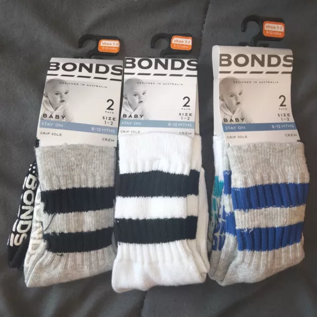 Bonds Baby Grip Socks Size 6-12 Months Shoe 1-2 Crew 6 Pairs