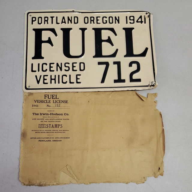 VINTAGE WWII IRWIN Hodson 1941 Portland Oregon Fuel License Vehicle