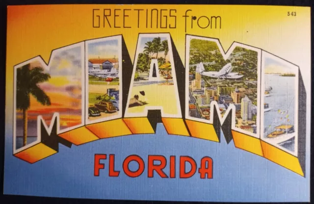 Large Letter Greetings from Miami Florida FL Airplane Views c1940s Postcard A36