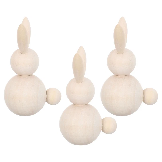 3 PCS WOODEN Rabbit Kit Easter Bunny Craft Peg Dolls Natural Figures ...