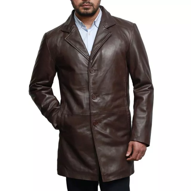 Jacket Leather Biker Motorcycle Mens Long Coat Blazer Vintage Lambskin Brown 1