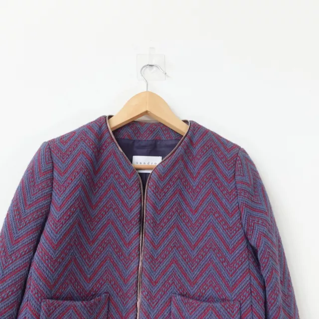 SANDRO Paris Blazer Womens 36 Cropped Purple Tweed Jacket Chevron Italian Zip XS 2