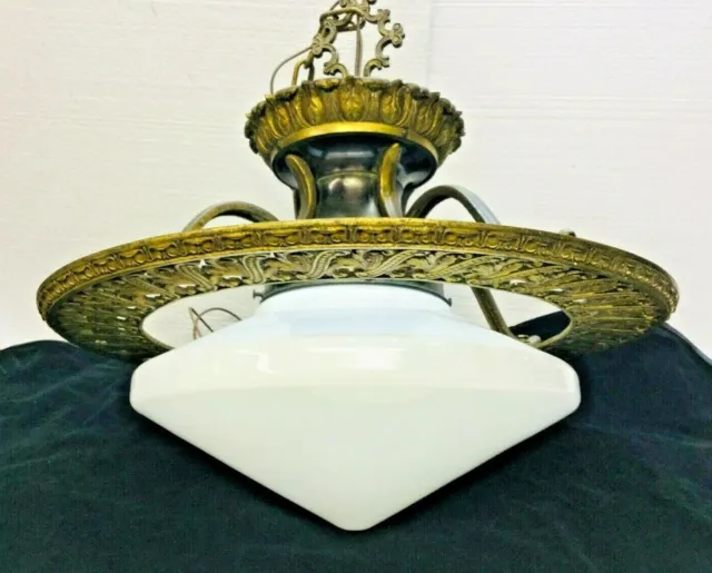 Vintage 1927 Art Deco Lion Electric Ceiling Light Pierced Brass Milk Glass Shade