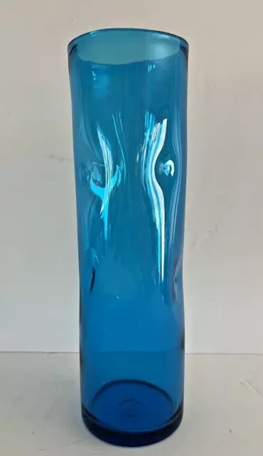 Vintage Blenko Blue Dimple Cylinder Vase Hand Blown MCM Art Glass