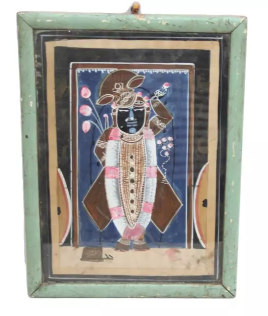 Old Hand Painting Hindu God Krishna Shrinath ji /Shreenathji In Wooden Frame