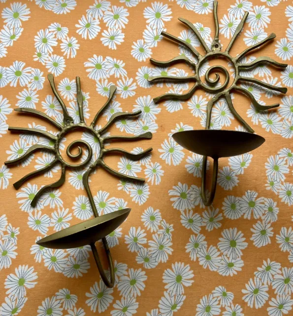 Vintage Celestial Pair Gold Metal Sun swirl Candle holder Wall Hang Set Of 2