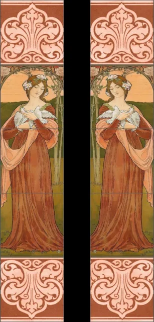 Art Nouveau Maiden And Doves Kiln Fired Fireplace Tile Set (10 Tiles )