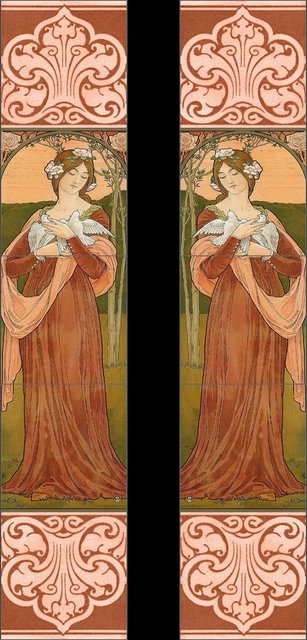 Art Nouveau Maiden And Doves Kiln Fired Fireplace Tile Set (10 Tiles )