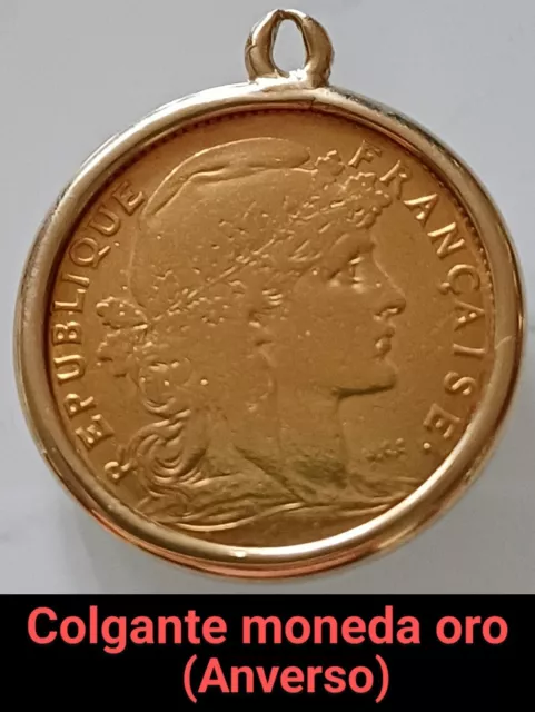 Moneda de oro 10 francos Francia, enmarcada en colgante de oro