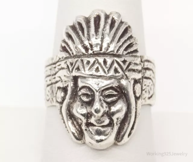 Vintage Native American Chief Head Silver Ring - Size 8.5