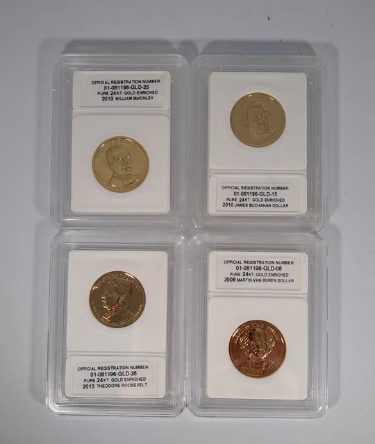 FOUR US 24 KT Gold Enriched Presidential Dollar Coins UNC in Protective