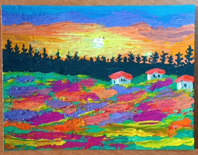 Original acrylic painting landscape village by the forest, impasto, flower field