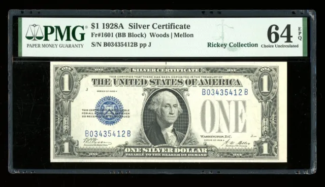 DBR 1928-A $1 Silver Funnyback Fr. 1601 BB Block PMG 64 EPQ Serial B03435412B